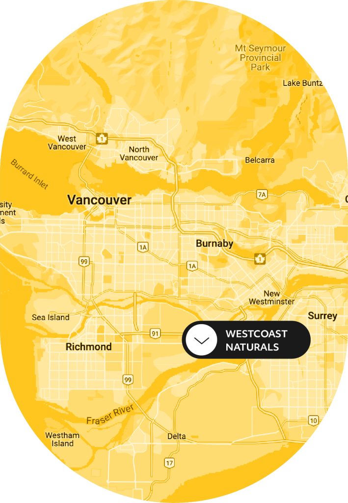 A map of Metro Vancouver showing the rough location of Westcoast Naturals warehouse in Richmond